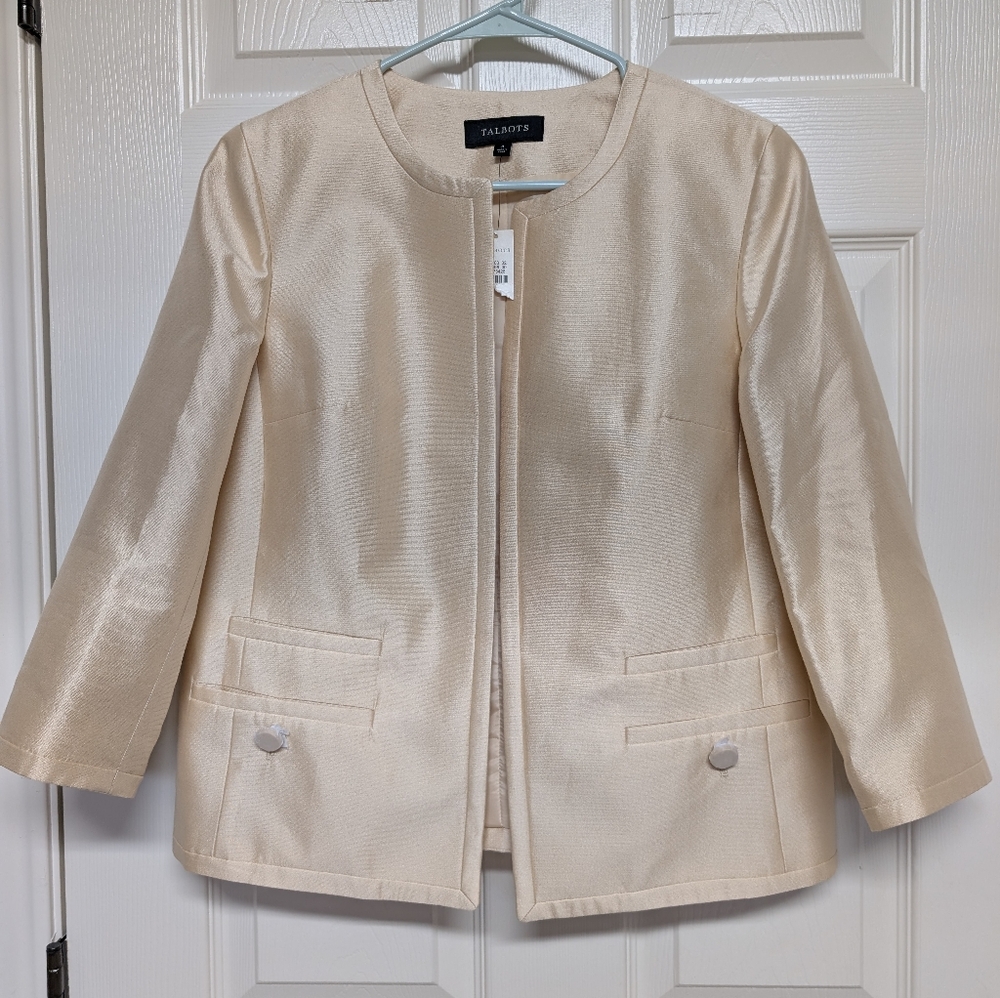 Talbots Womens Open Front Silk Blend Blazer Jacket 4 Champagne Classic Career